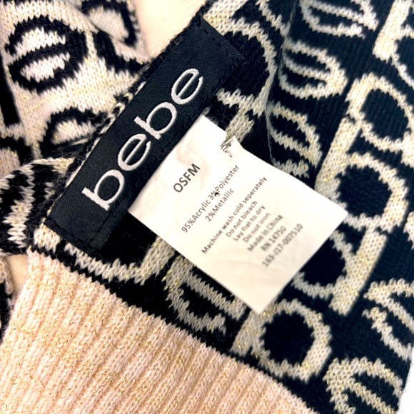 Bebe Y2K Black, Cream & Metallic Gold Logo Scarf Warm Knit Scarf - Picture 5 of 7
